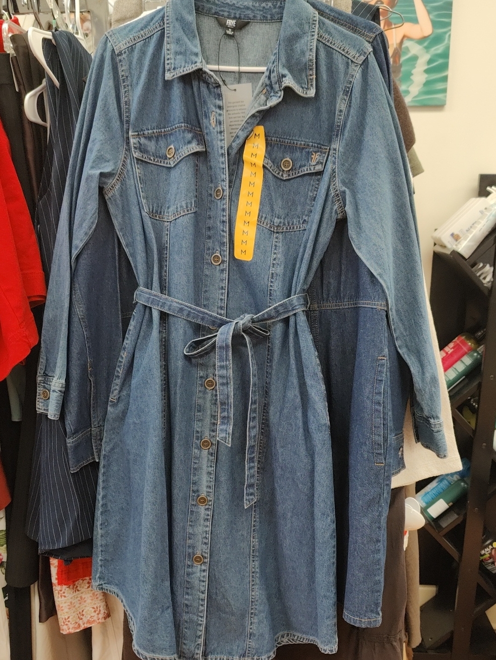 Frye Blue Denim Midi Shirt Dress with Tie Belt